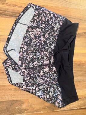 lululemon athletica Black Floral Print Athletic Shorts with Pink Accents